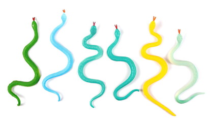 Colorful rubber snakes toy set isolated on white background, top view