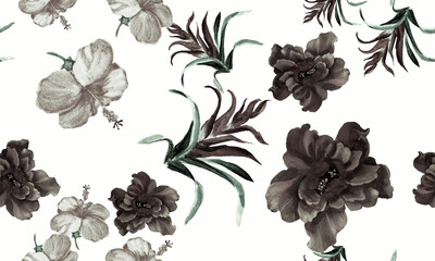 Gray Watercolor Garden. White Flower Painting. Black Seamless Texture. Pattern Garden. Tropical Foliage. Isolated Decor. Fashion Textile. Botanical Plant.