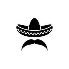 Sombrero, Mexican hat with mustache black icon. Flat logo isolated on white. vector illustration.