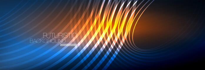 Dark abstract background with glowing neon circles. Trendy layout template for business or technology presentation, internet poster or web brochure cover, wallpaper