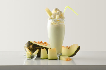 Melon milkshake with cream decorated with fruit on table isolated