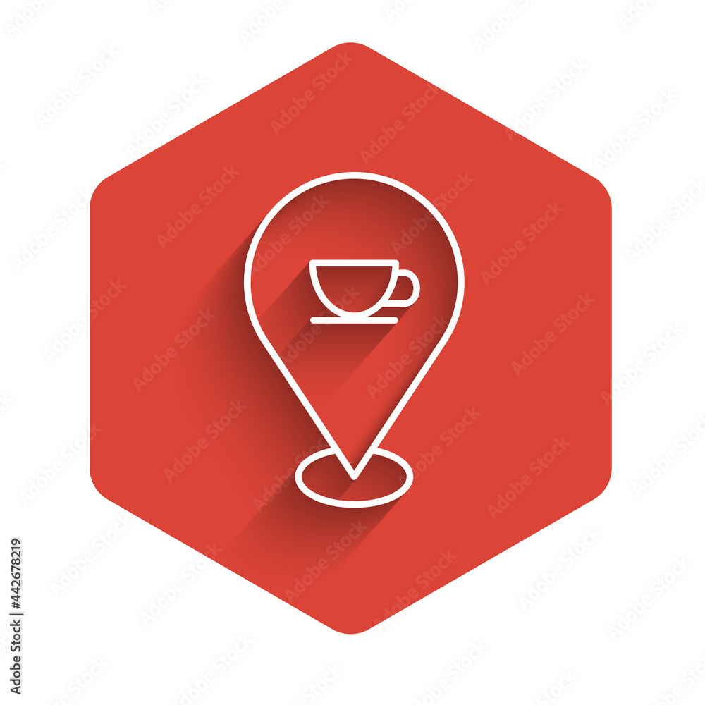 Poster white line location with coffee cup icon isolated with long shadow. red hexagon button. vector