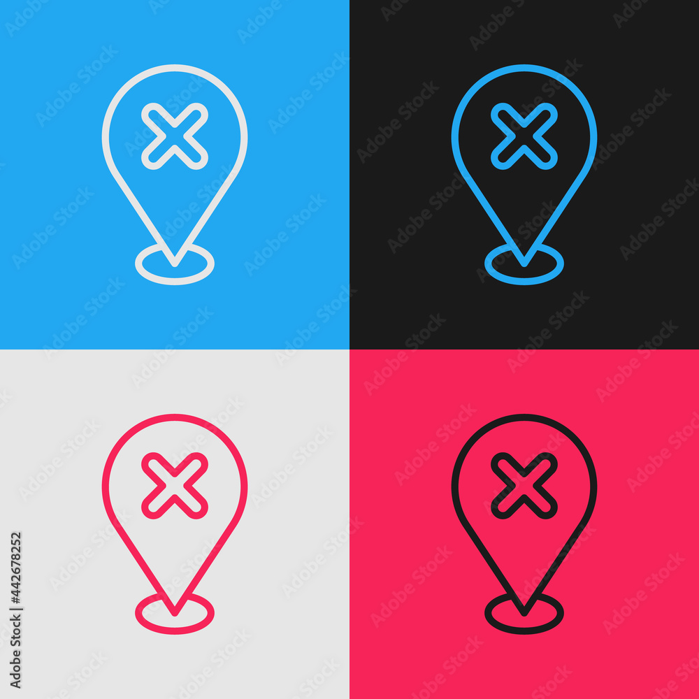 Poster pop art line map pin with cross mark icon isolated on color background. navigation, pointer, locatio