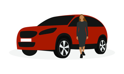 Female character stands near a modern car on a white background