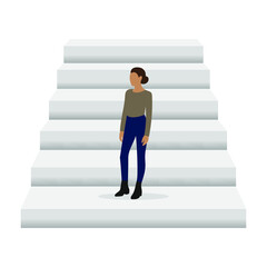 Female character stands on the bottom rung of the stairs on a white background