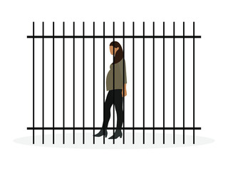 Pregnant female character walks behind an iron fence on a white background
