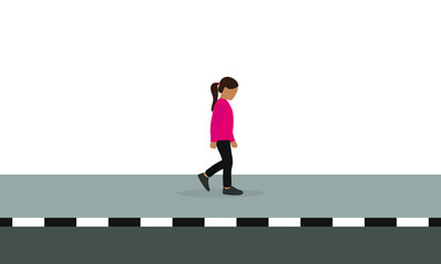 Fototapeta na wymiar Little girl walking alone on the sidewalk on a white background