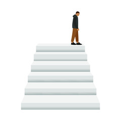 Male character standing on the top of a staircase looking down on a white background