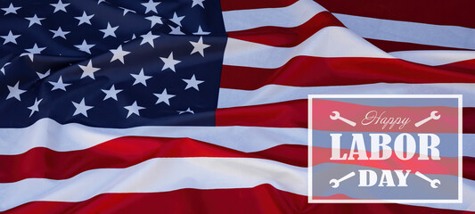 Happy Labor Day background banner  greting card template - Waving American flag and lettering with working symbols