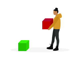 Female character carries a large cube to another cube on a white background