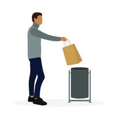 Male character throwing paper bag into trash can on white background