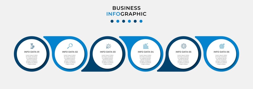Minimal Business Infographics template. Timeline with 6 steps, options and marketing icons .Vector linear infographic with two circle conected elements. Can be use for presentation. Eps10 vector
