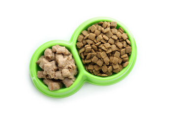 Pet food in bowls isolated on white background