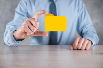Businessman hold folder icon.Document Management System or DMS setup by IT consultant with modern...