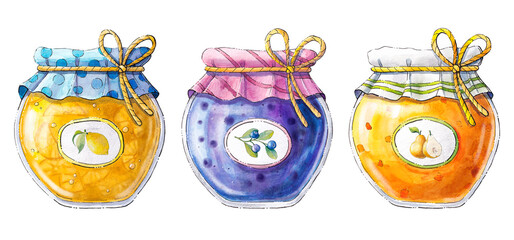 Set of Glass jar with lemon, pear, blueberry jam