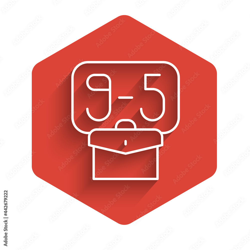 Poster white line from 9:00 to 5:00 job icon isolated with long shadow. concept meaning work time schedule 