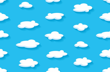 Seamless pattern with cartoon white clouds on blue background. flat style
