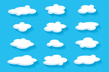 Cartoon white clouds on blue background. Different clouds set. flat style