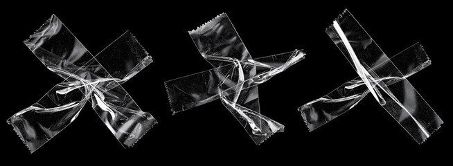 transparent sticky tapes forming the letter x or overlapping each other on black background, crumpled plastic snips, poster design overlays. - obrazy, fototapety, plakaty