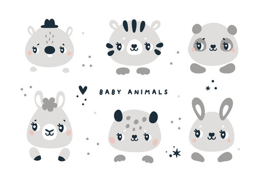 Animals face collection in cartoon style isolated on white background. Tiger, beaver, leopard, panda, alpaca, bunny, rabbit. Baby animals for baby shower party or nursery, kids prints. 