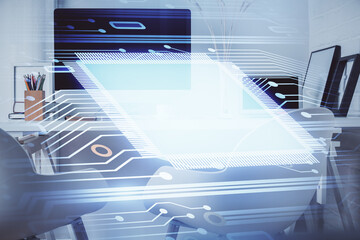 Double exposure of data theme drawing and office interior background. Concept of technology.