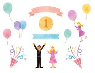 リボンとメダルとクラッカーのイラストレーションセット
