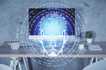 Multi exposure of brain drawing and office interior background. Concept of data technology.