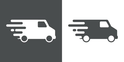 Icono con camión de transporte con lineas de velocidad en fondo gris y fondo blanco © teracreonte