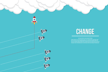 Different Approach - Different Direction. Group of rockets flying in one direction and with one individual flying in the different way, can be used leadership/individuality concepts.	