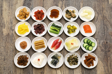 Obraz na płótnie Canvas Japanese pickles (Tsukemono) assortment, traditional fermented food