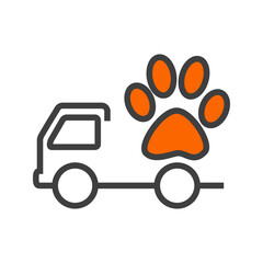 Transporte de comida para mascotas. Logotipo camión de reparto con huella de gato con lineas en gris y naranja