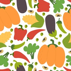 Seamless pattern with cartoon vegetables, decor elements on a neutral background. colorful vector. hand drawing, flat style. design for fabric, print, textile, wrapper