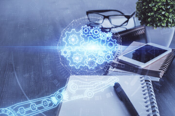 Double exposure of data theme drawing and mobile phone background. Concept of innovation