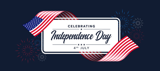 Celebrating Independence day of United States of america text on white banner with usa flag ribbon waving around and fire work on dark blue backround vector design