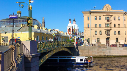 Fontanka river, Panteleimon Bridge, in the background the Church of the Holy Great Martyr and Healer Panteleimon. Russia, Saint Petersburg June 2021    
