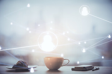 Double exposure of social network theme drawing hologram over coffee cup background in office. Concept people connection.