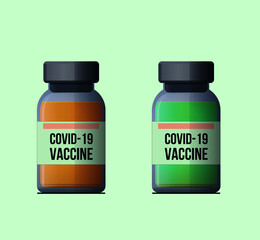 Influenza virus vaccine in a bottle close-up on a green isolated background in the illustration. Two vaccines against covid 19. A vector image.