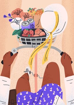 Top view of woman riding city bicycle in summer. Cyclist on retro bike with basket, hat, flowers and fruits. Female cycling with hands on handlebars in summertime. Colored flat vector illustration