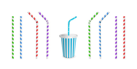 Drinking Striped and color straws for beverage. Straw and cup isolated on white background.