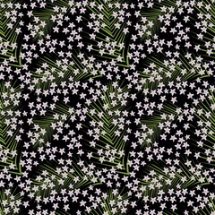 Seamless vector plant botanical pattern with palm leaves and delicate flowers on a black background for various printed products, stationery, textiles and other design