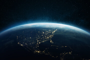 Beautiful blue planet earth with lights of night cities USA, South and North America. View of the night planet from space © alones