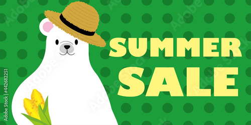 サマーセール 夏の販売促進バナーテンプレート 麦わら帽子のホッキョクグマのイラスト Summer Sale Wall Mural Globeds
