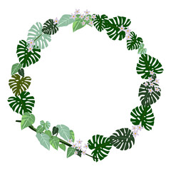 Exotic round frame made of tropical plants, green leaves and lilac flowers, vector illustration