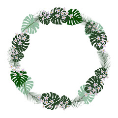 Exotic round frame made of tropical plants, green leaves and lilac flowers, vector illustration