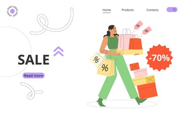 Modern flat vector illustration with female character holding boxes and packages. Concept of seasonal discounts or big sale.