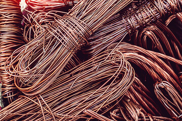 scrap used copper wire from cable line to be recycling in factory - obrazy, fototapety, plakaty