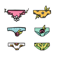 Set, collection of colorful doodle women’s underwear, panties icons with leaves and flowers.
