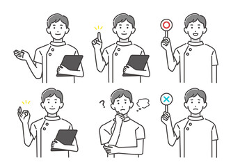 6つのポーズをとる男性看護師のベクターイラスト素材／薬剤師／介護