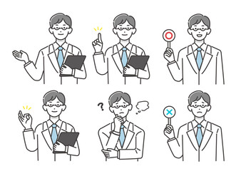 6つのポーズをとる男性医師のベクターイラスト素材／薬剤師／ドクター