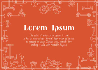 Fototapeta premium Electric transport - horizontal card with text and vector outline illustrations of scooter, skate, skateboard and bike for graphic design